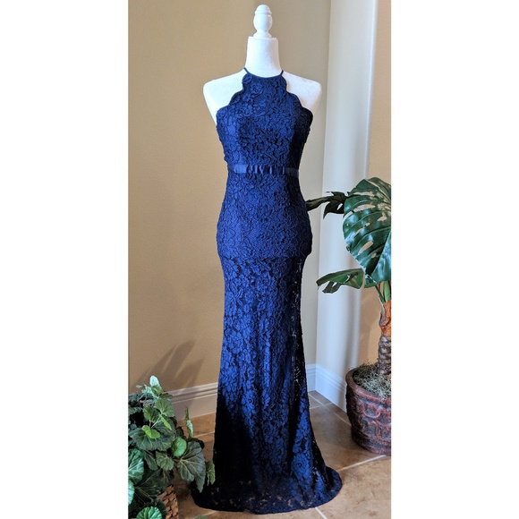 Lulu's Dresses & Skirts - Prom Navy Blue Scallop Lace Halter Long Dress